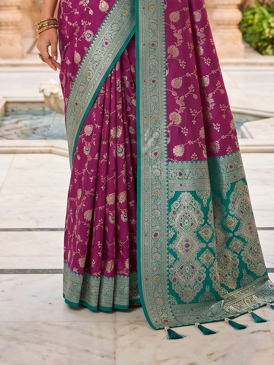 Onion Pink Soft Banarasi Silk Zari Weaving Meenakari Touchup Wedding Reception Party Festival Casual Heavy Border Sarees