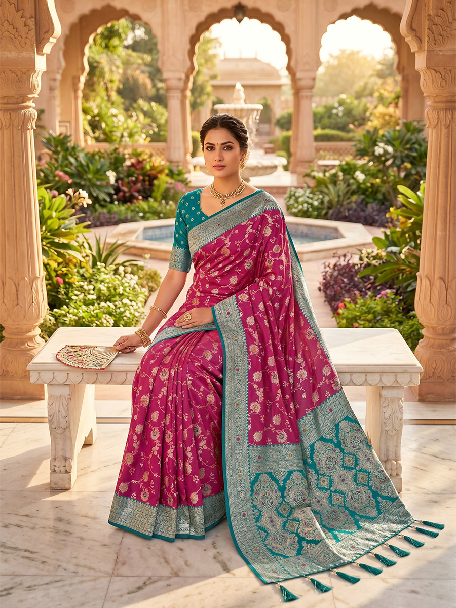 Onion Pink Soft Banarasi Silk Zari Weaving Meenakari Touchup Wedding Reception Party Festival Casual Heavy Border Sarees