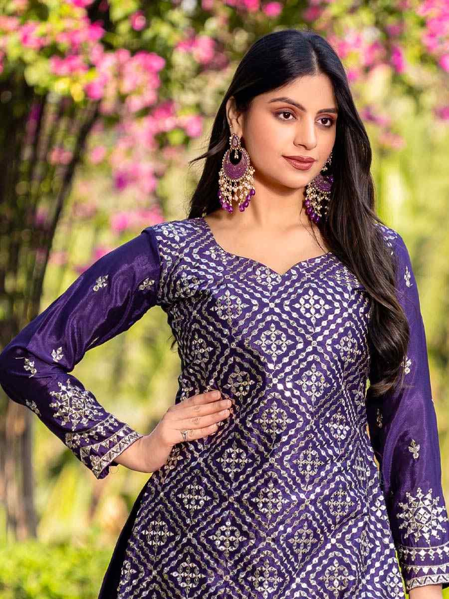 Purple Chinon Embroidered Festival Wedding Ready Palazzo Pant Salwar Kameez