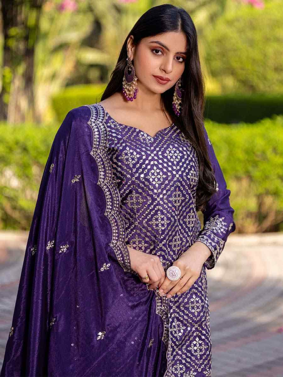 Purple Chinon Embroidered Festival Wedding Ready Palazzo Pant Salwar Kameez