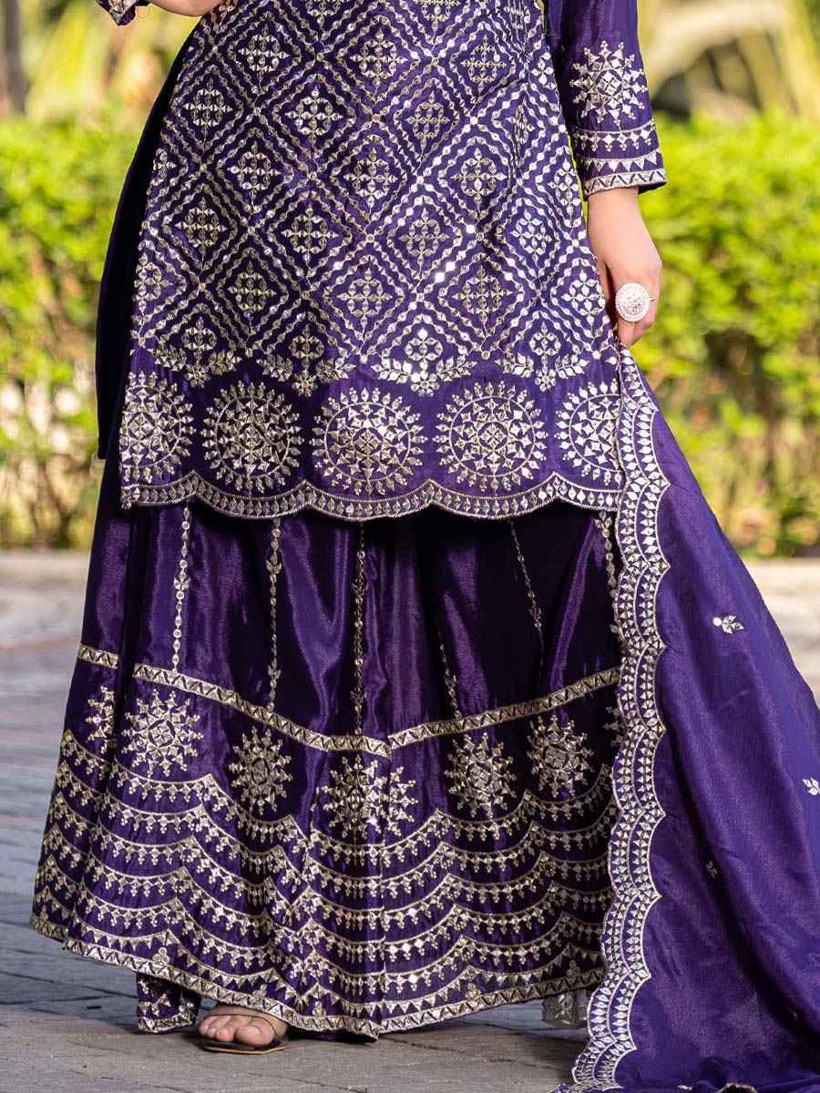 Purple Chinon Embroidered Festival Wedding Ready Palazzo Pant Salwar Kameez