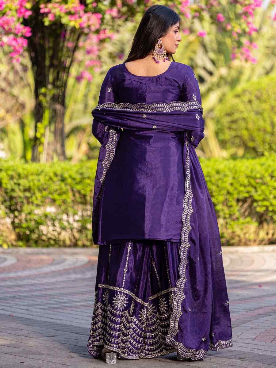 Purple Chinon Embroidered Festival Wedding Ready Palazzo Pant Salwar Kameez