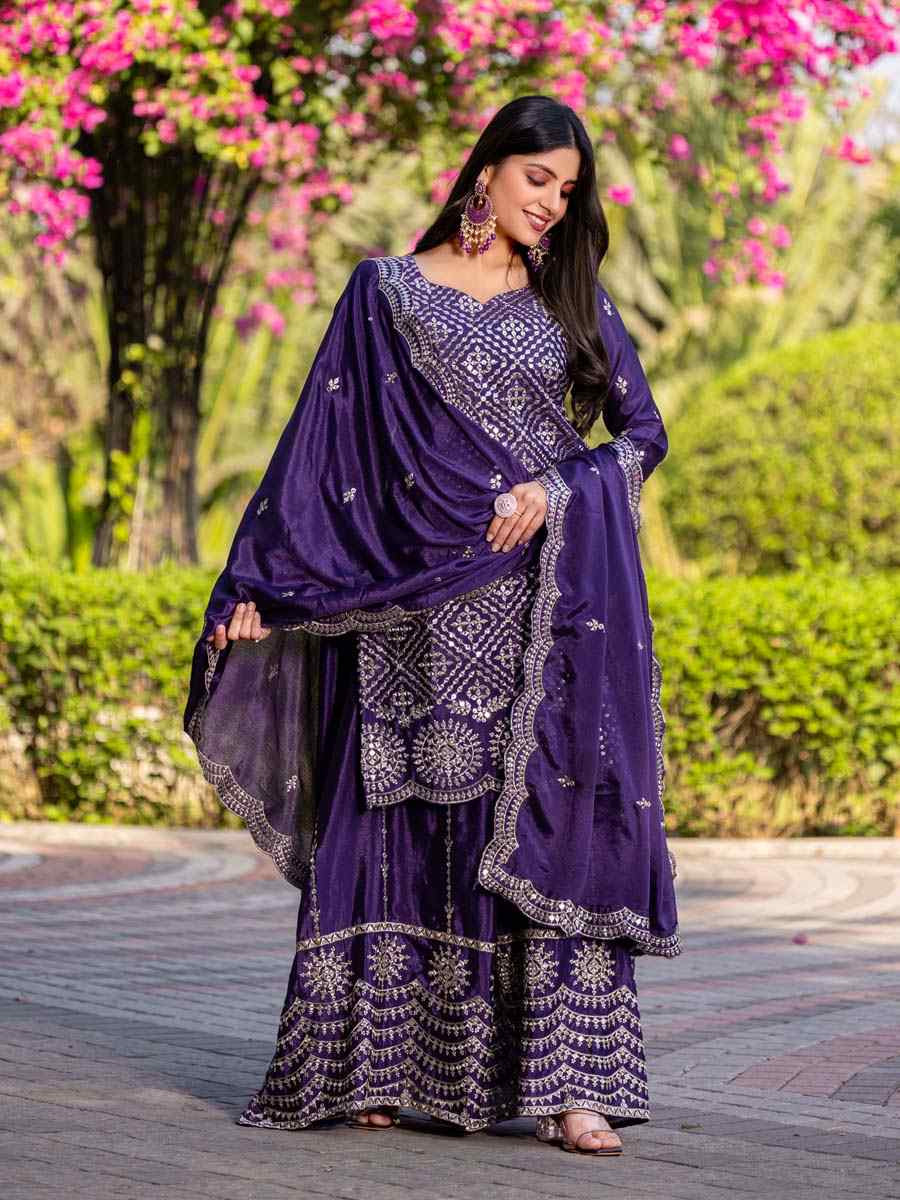 Purple Chinon Embroidered Festival Wedding Ready Palazzo Pant Salwar Kameez