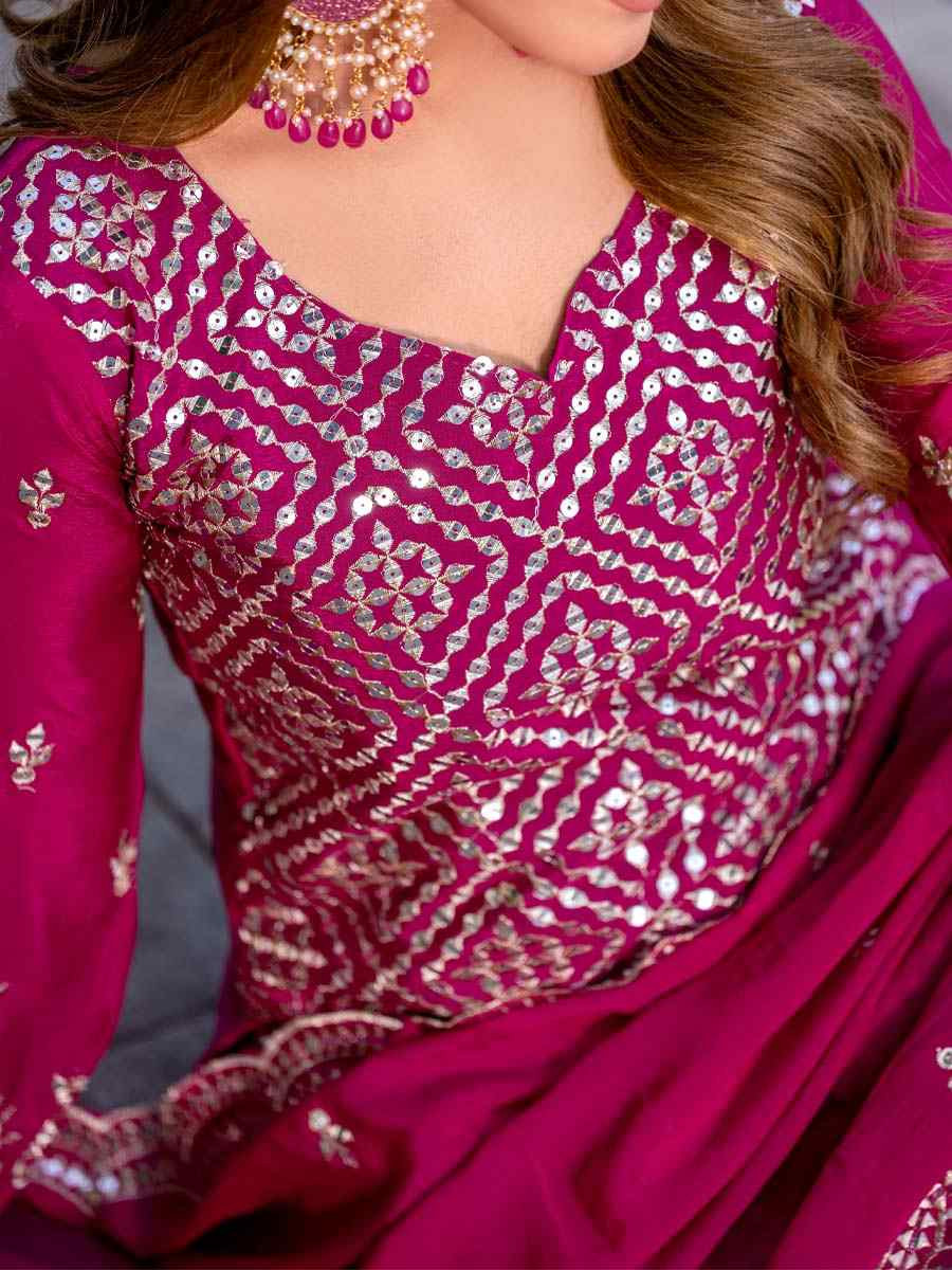 Rani Pink Chinon Embroidered Festival Wedding Ready Palazzo Pant Salwar Kameez