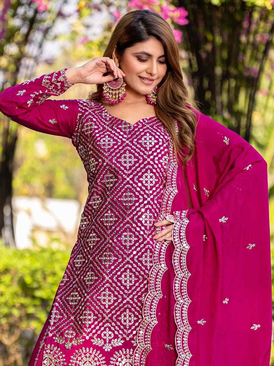 Rani Pink Chinon Embroidered Festival Wedding Ready Palazzo Pant Salwar Kameez
