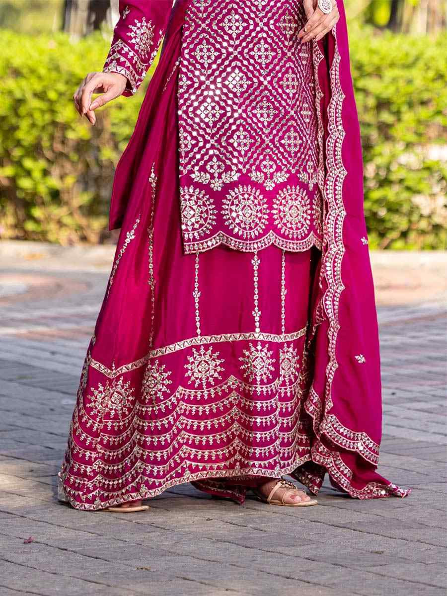 Rani Pink Chinon Embroidered Festival Wedding Ready Palazzo Pant Salwar Kameez