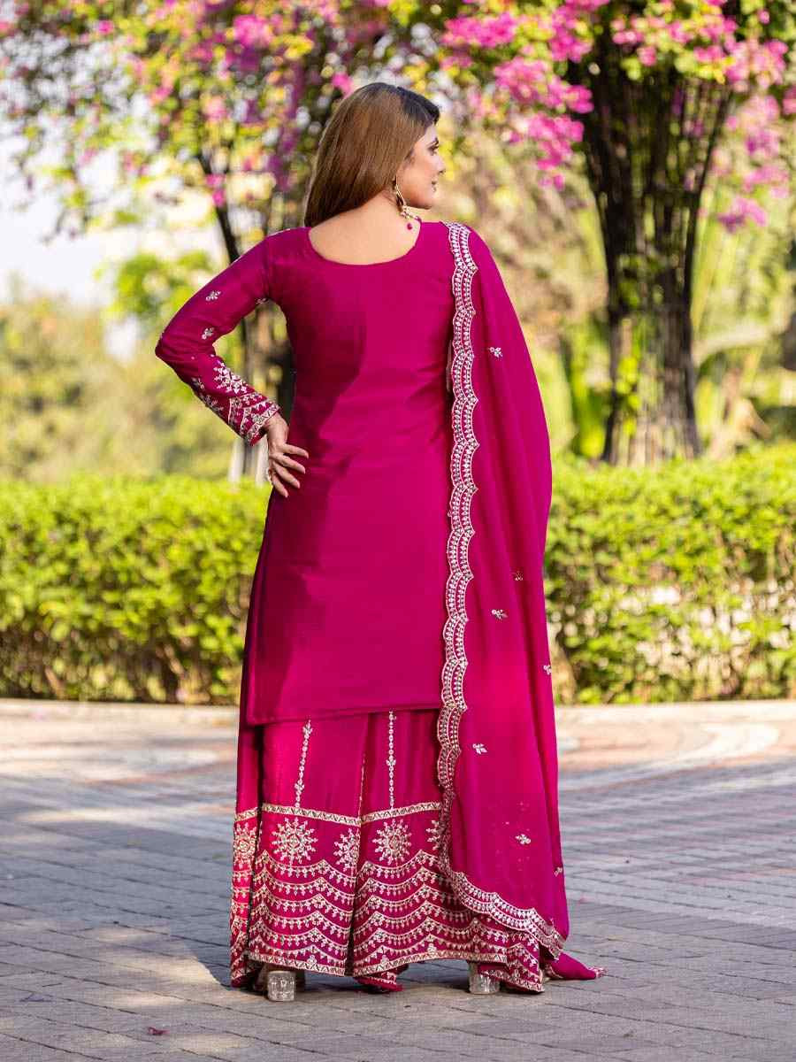 Rani Pink Chinon Embroidered Festival Wedding Ready Palazzo Pant Salwar Kameez
