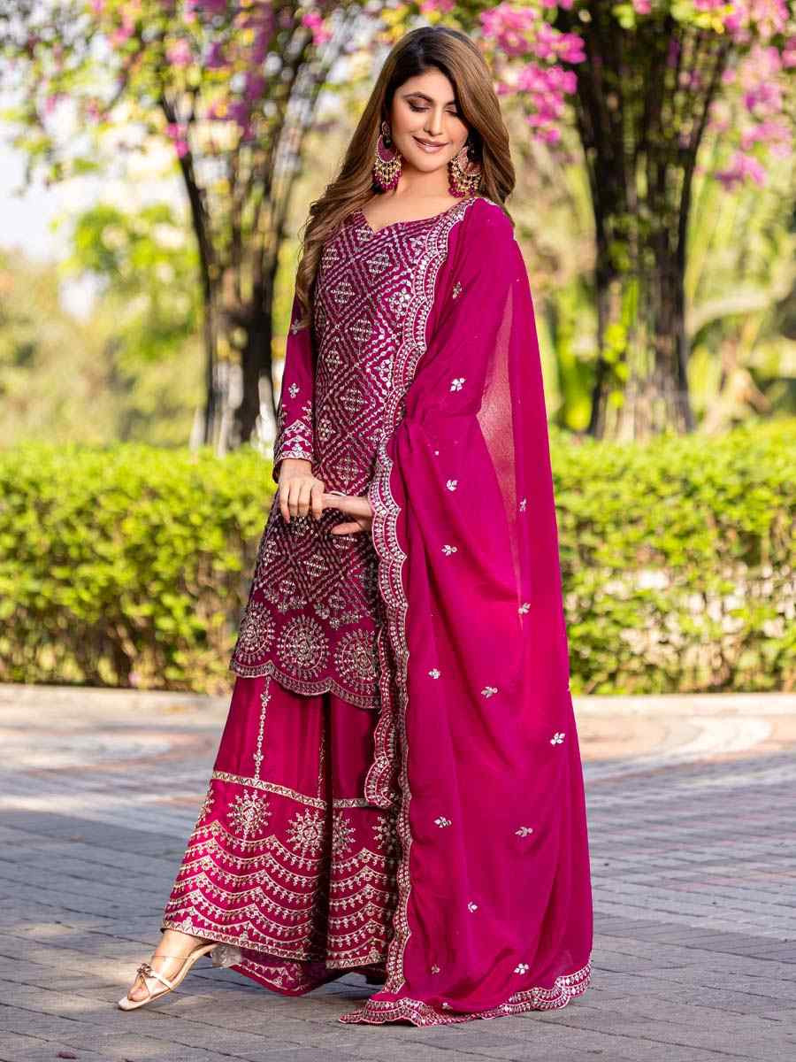 Rani Pink Chinon Embroidered Festival Wedding Ready Palazzo Pant Salwar Kameez
