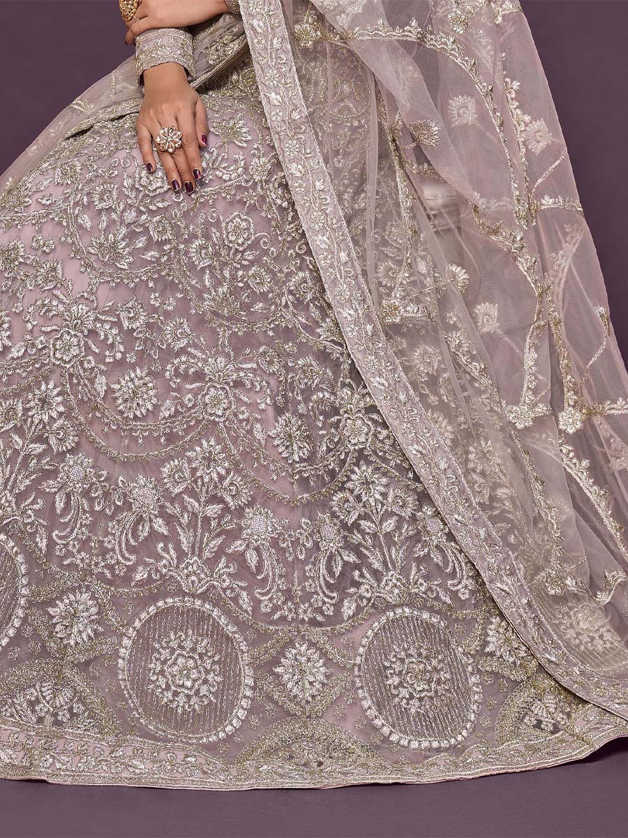 Dusky Orchid Soft Net Embroidered Engagement Wedding Heavy Border Lehenga Choli