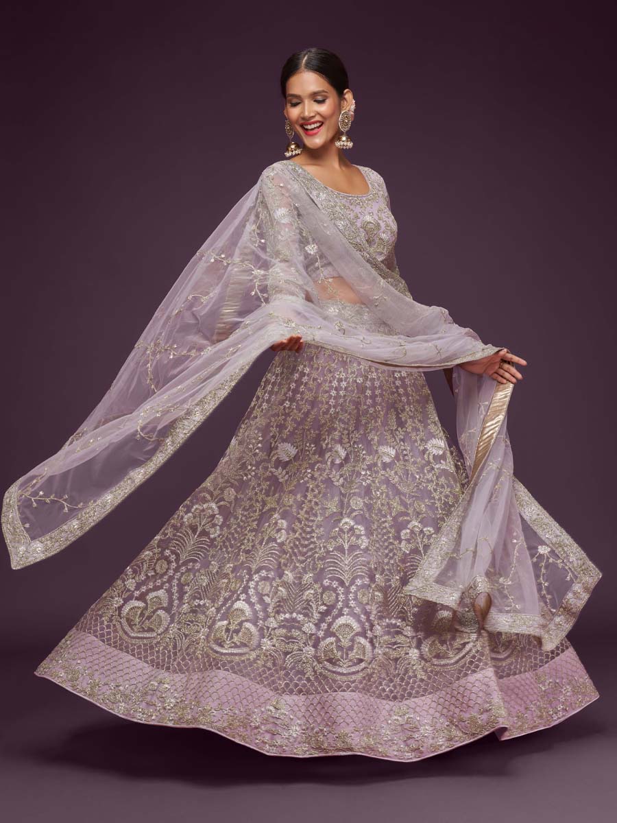 Dusky Orchid Soft Net Embroidered Engagement Wedding Heavy Border Lehenga Choli