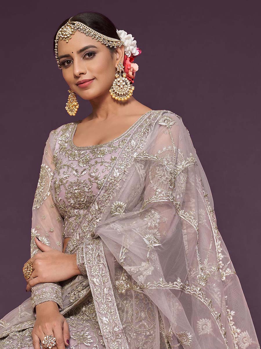 Dusky Orchid Soft Net Embroidered Engagement Wedding Heavy Border Lehenga Choli