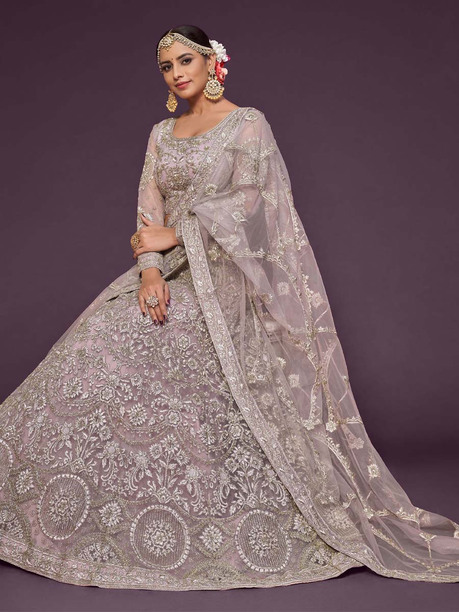 Dusky Orchid Soft Net Embroidered Engagement Wedding Heavy Border Lehenga Choli