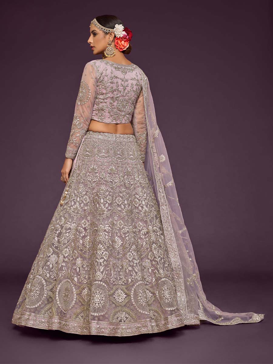 Dusky Orchid Soft Net Embroidered Engagement Wedding Heavy Border Lehenga Choli