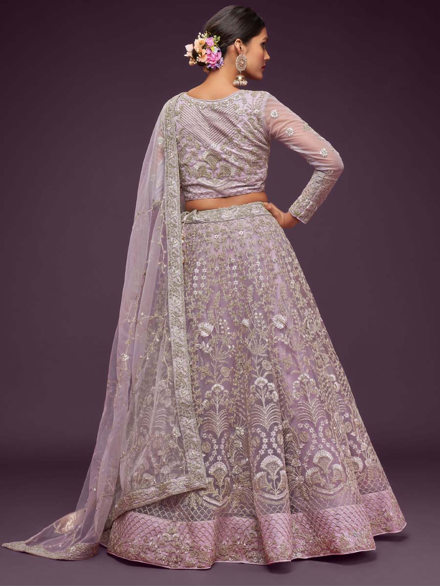 Dusky Orchid Soft Net Embroidered Engagement Wedding Heavy Border Lehenga Choli