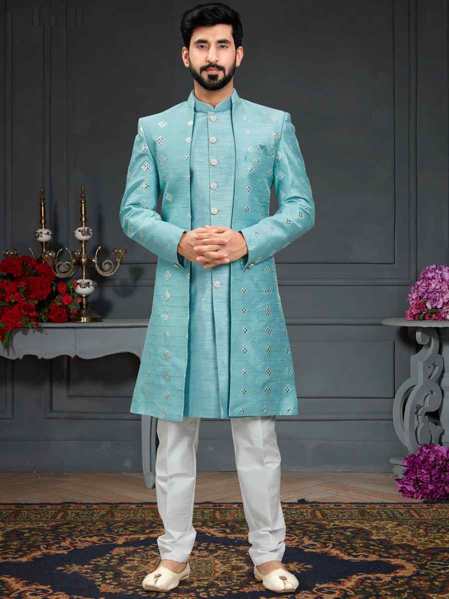Dusty Aqua Blue Heavy Imported Silk Woven Groom Wedding Sherwani