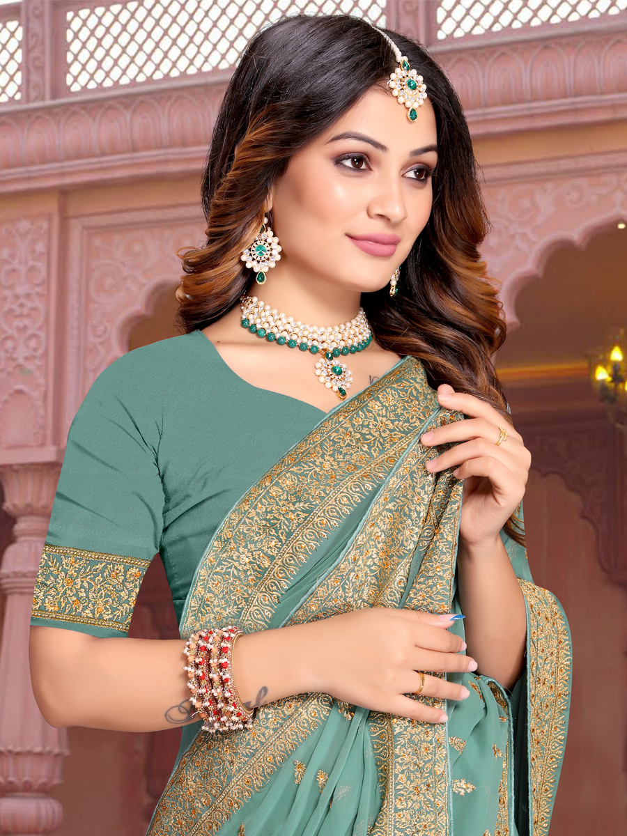 Dusty Aque Georgette Embroidered Reception Party Heavy Border Saree