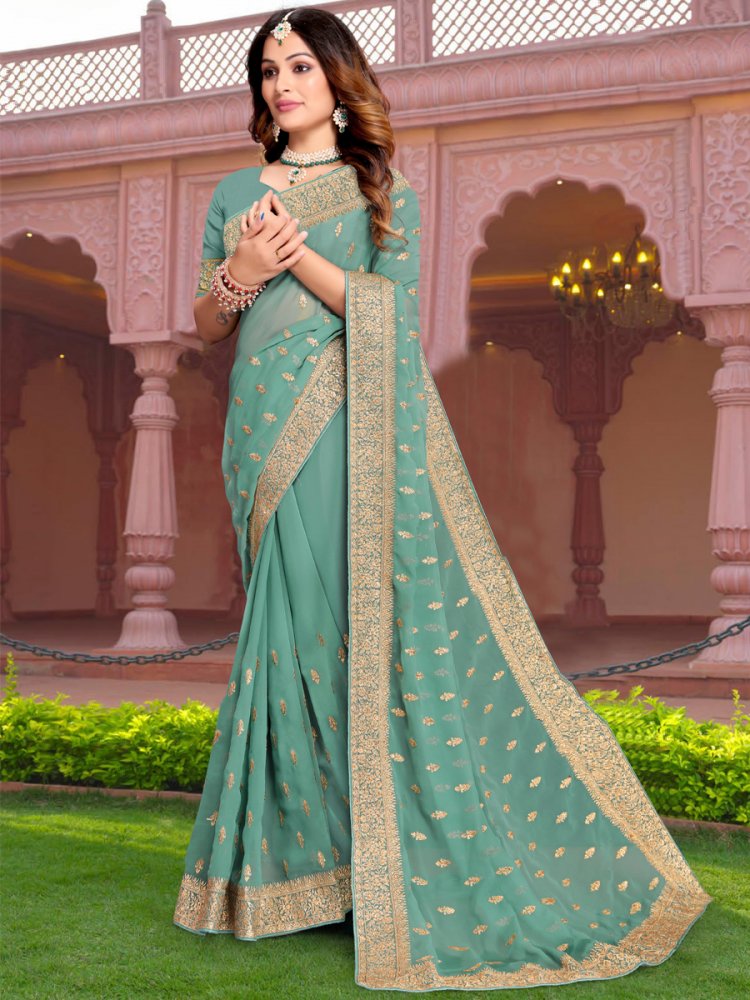 Dusty Aque Georgette Embroidered Reception Party Heavy Border Saree