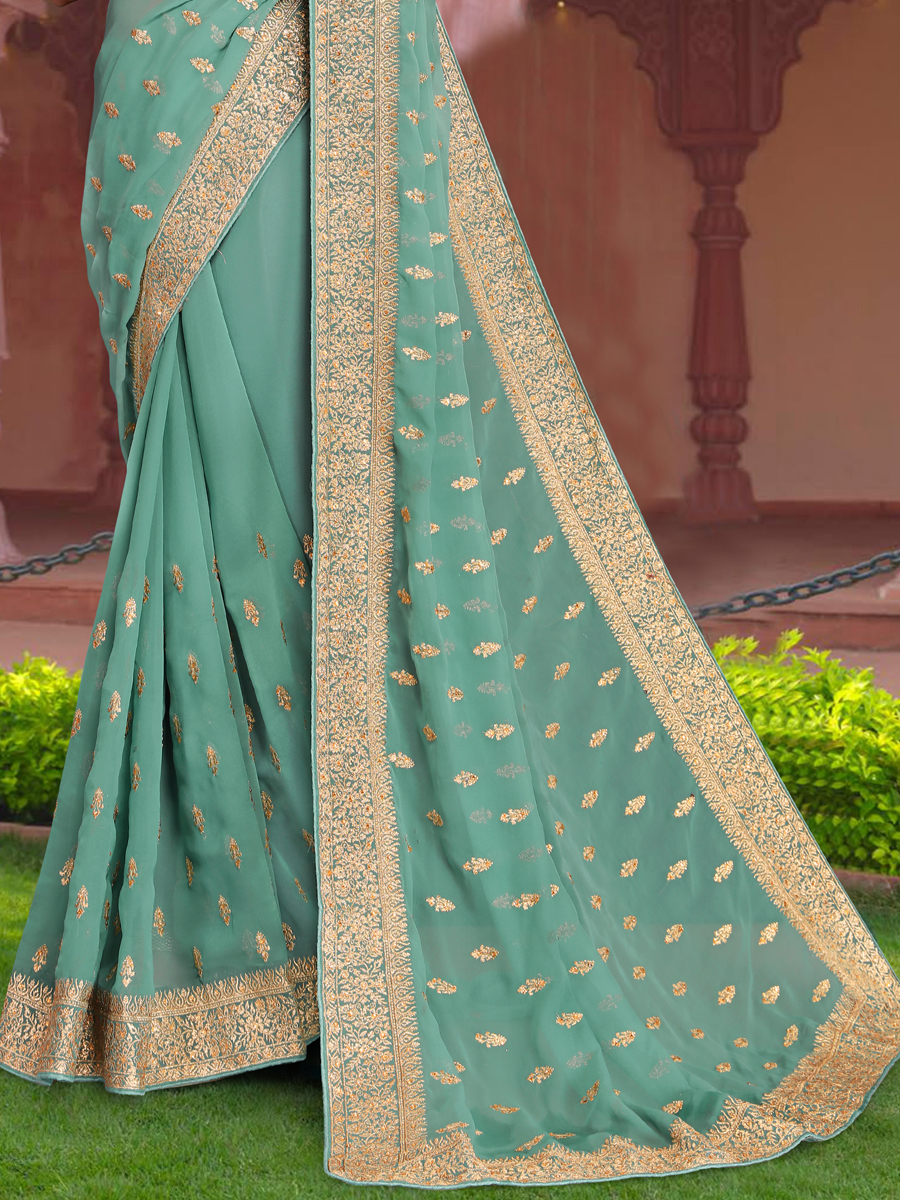 Dusty Aque Georgette Embroidered Reception Party Heavy Border Saree