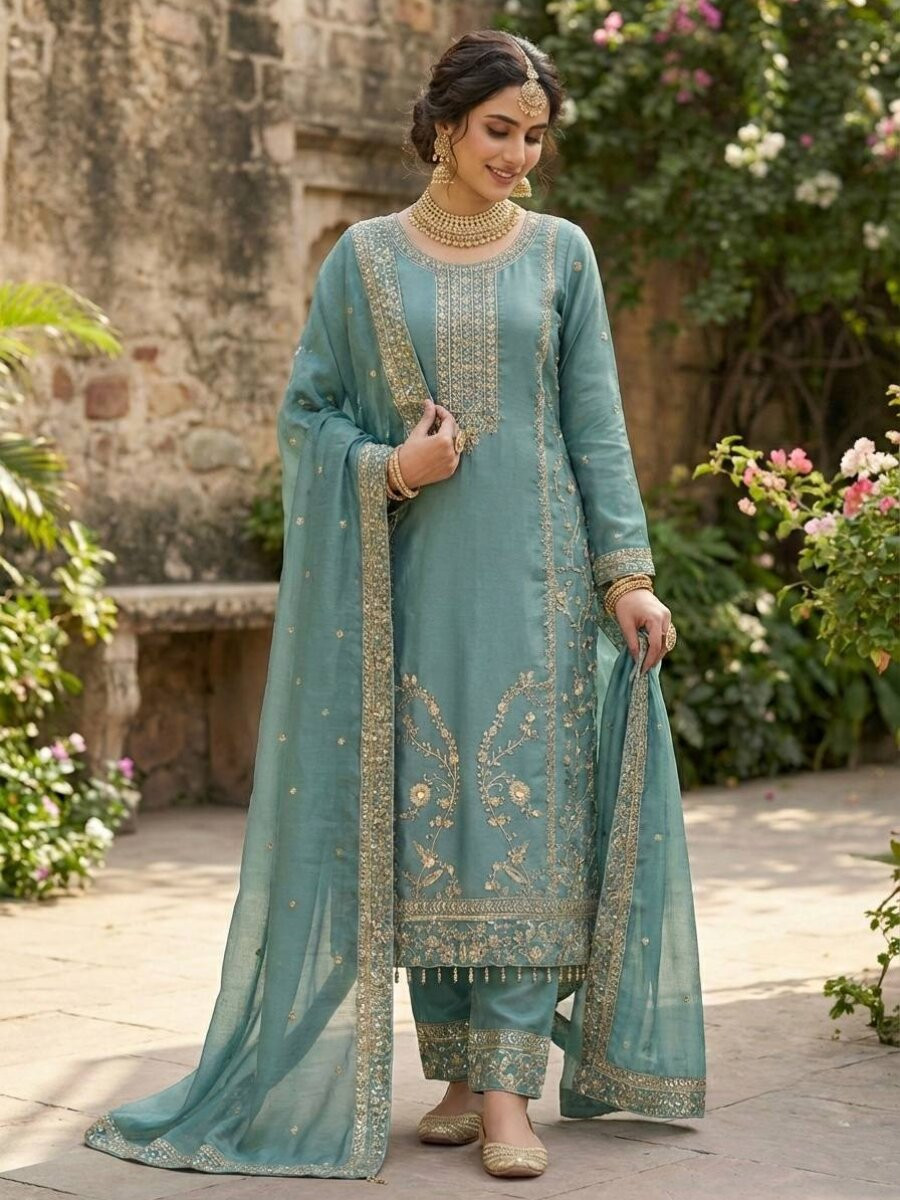 Dusty Blue Pure Gmy Silk Embroidery Wedding Party Festival Ready Palazzo Pant Salwar Kameez