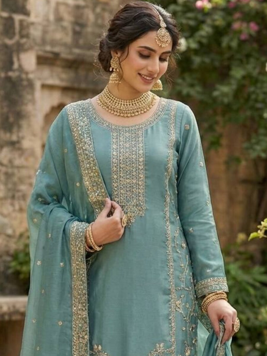Dusty Blue Pure Gmy Silk Embroidery Wedding Party Festival Ready Palazzo Pant Salwar Kameez
