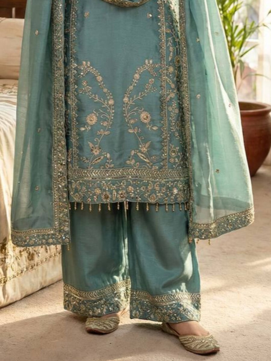 Dusty Blue Pure Gmy Silk Embroidery Wedding Party Festival Ready Palazzo Pant Salwar Kameez