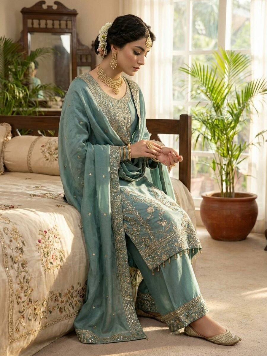 Dusty Blue Pure Gmy Silk Embroidery Wedding Party Festival Ready Palazzo Pant Salwar Kameez