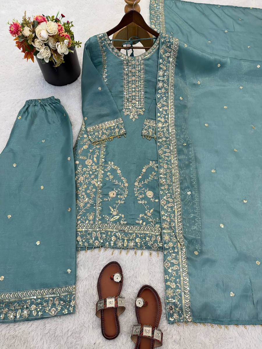 Dusty Blue Pure Gmy Silk Embroidery Wedding Party Festival Ready Palazzo Pant Salwar Kameez