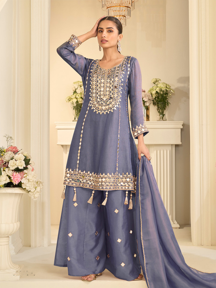 Image of Dusty Blue Simar Silk Mirror Work Wedding Party Festival Casual Ready Palazzo Pant Salwar Kameez