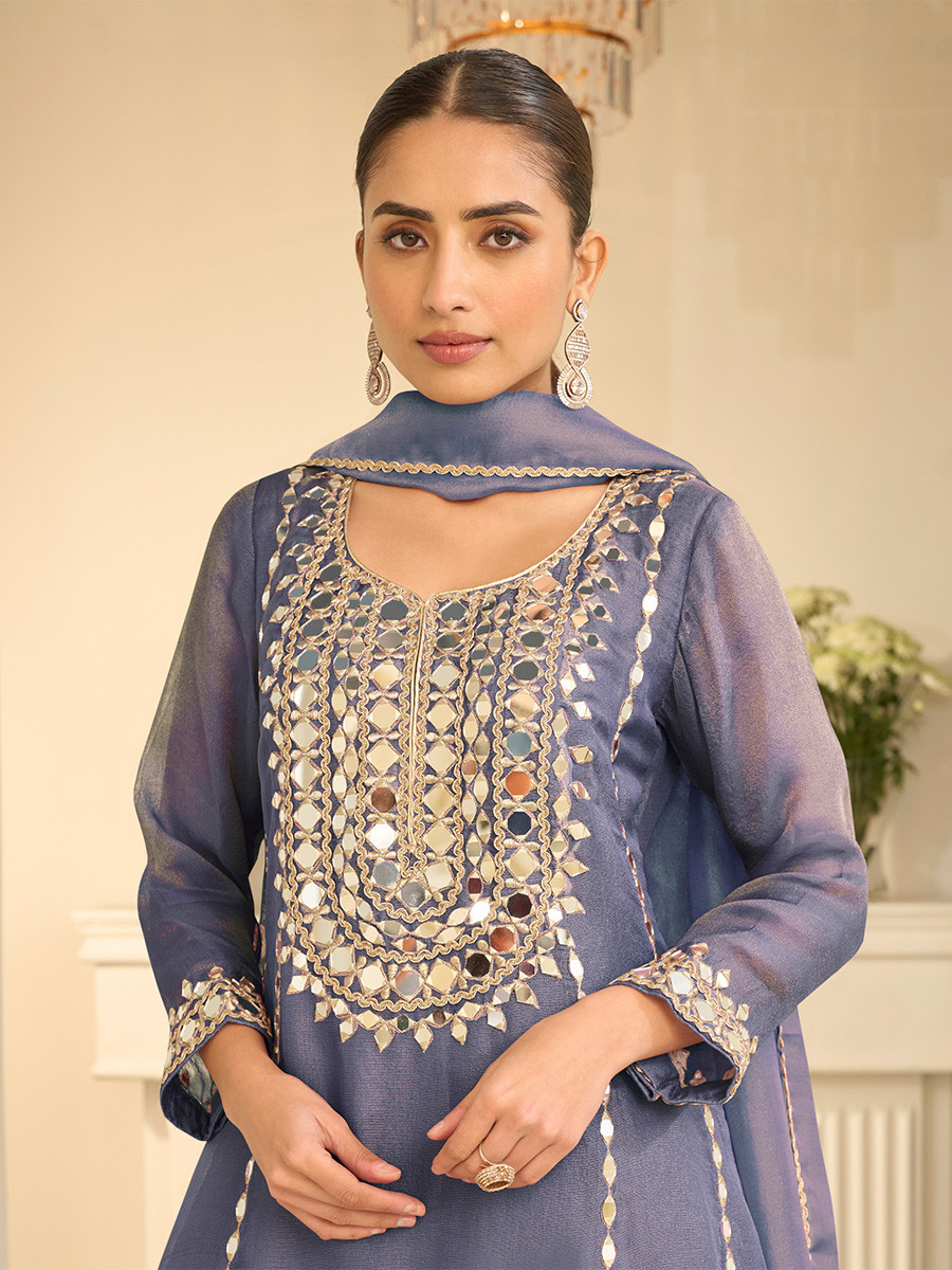 Dusty Blue Simar Silk Mirror Work Wedding Party Festival Casual Ready Palazzo Pant Salwar Kameez