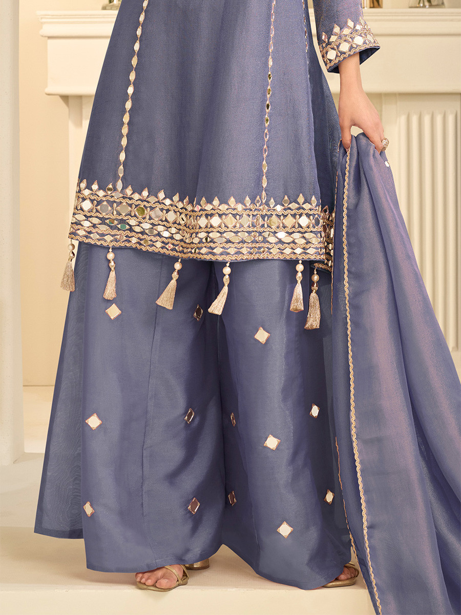Dusty Blue Simar Silk Mirror Work Wedding Party Festival Casual Ready Palazzo Pant Salwar Kameez