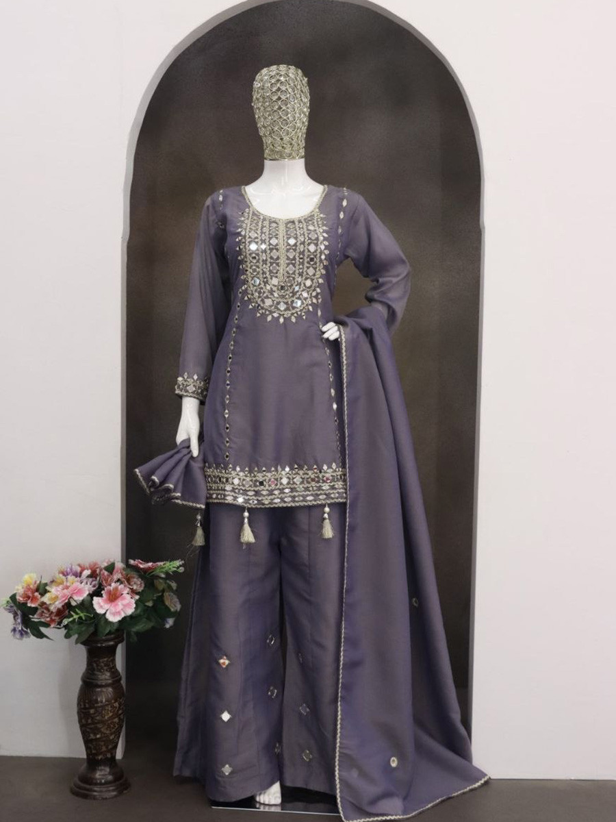 Dusty Blue Simar Silk Mirror Work Wedding Party Festival Casual Ready Palazzo Pant Salwar Kameez