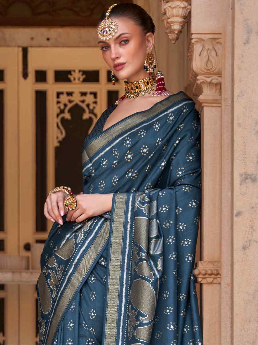 Dusty Blue Soft Silk Handwoven Wedding Festival Heavy Border Saree