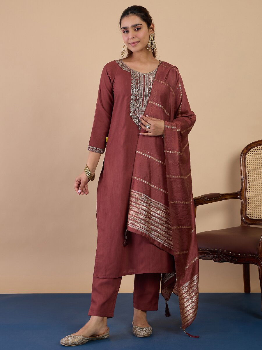 Dusty Brown Cotton Blend Embroidery Wedding Party Festival Casual Ready Pant Salwar Kameez