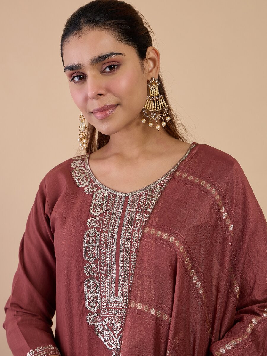 Dusty Brown Cotton Blend Embroidery Wedding Party Festival Casual Ready Pant Salwar Kameez