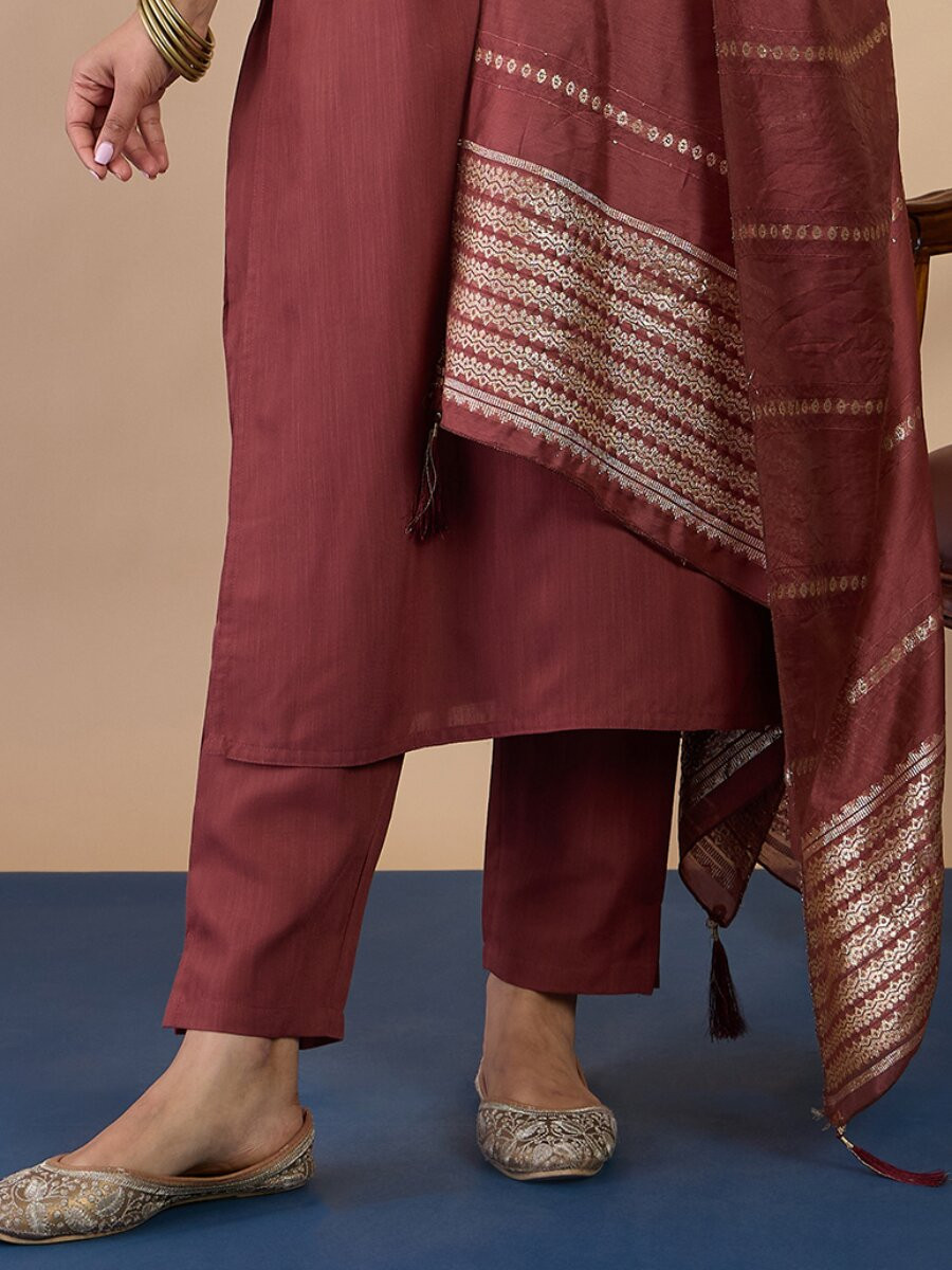 Dusty Brown Cotton Blend Embroidery Wedding Party Festival Casual Ready Pant Salwar Kameez