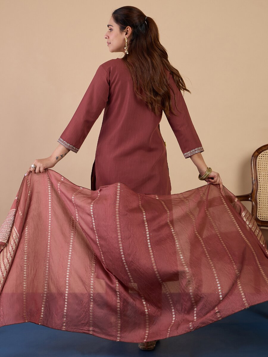 Dusty Brown Cotton Blend Embroidery Wedding Party Festival Casual Ready Pant Salwar Kameez