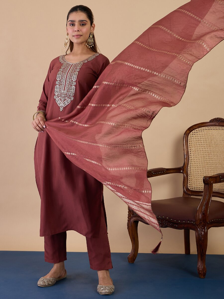 Dusty Brown Cotton Blend Embroidery Wedding Party Festival Casual Ready Pant Salwar Kameez