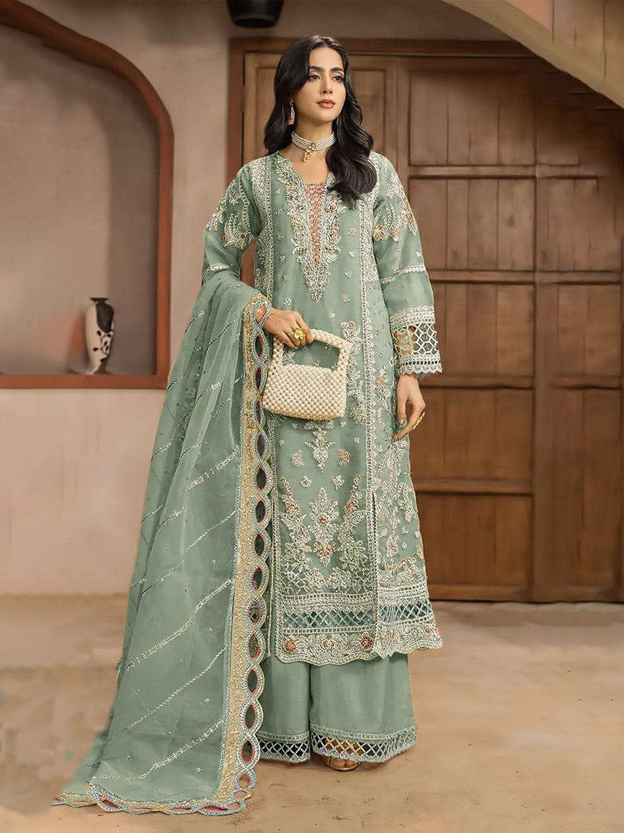 Dusty Chiffon Embroidery Zari Wedding Party Festival Casual Palazzo Pant Salwar Kameez