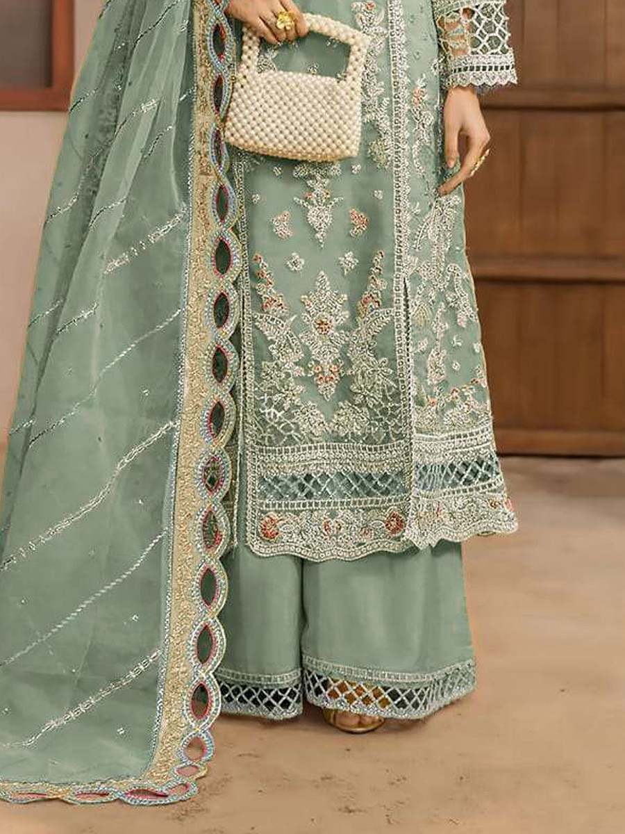 Dusty Chiffon Embroidery Zari Wedding Party Festival Casual Palazzo Pant Salwar Kameez