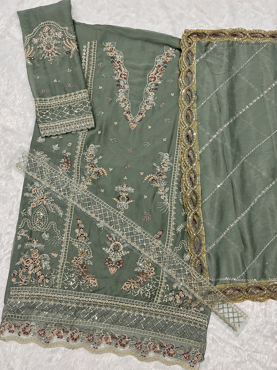 Dusty Chiffon Embroidery Zari Wedding Party Festival Casual Palazzo Pant Salwar Kameez