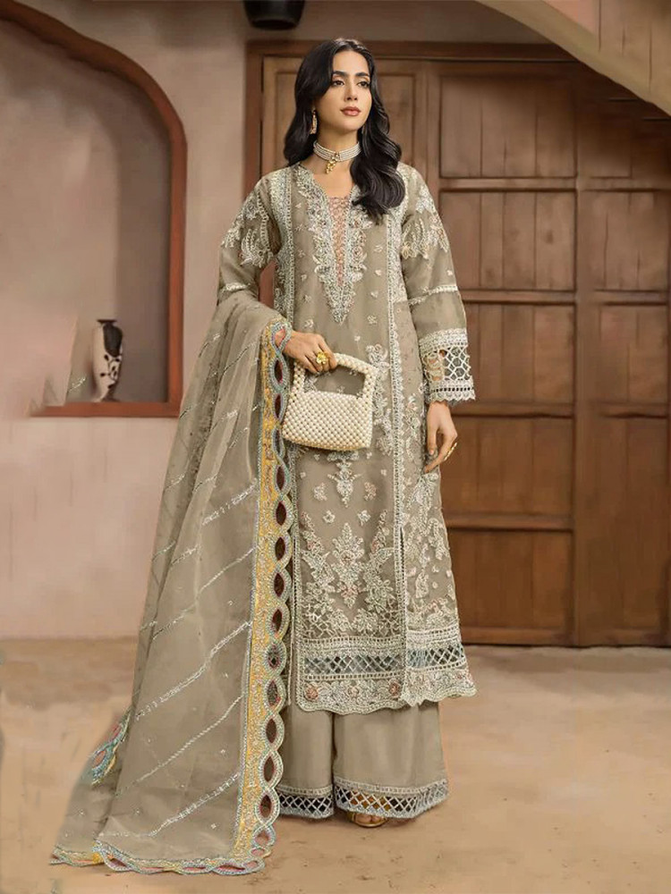 Image of Dusty Chiffon Embroidery Zari Wedding Party Festival Casual Palazzo Pant Salwar Kameez