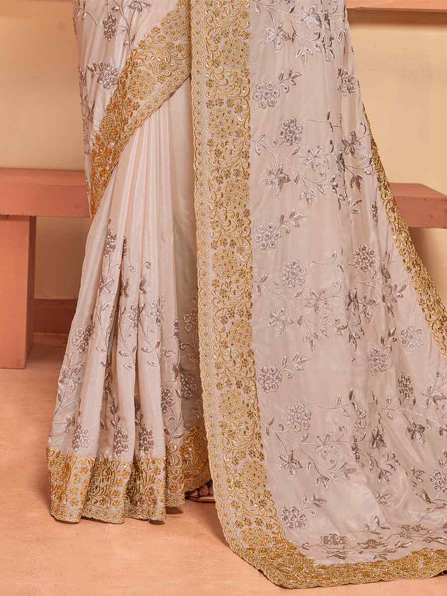 Dusty Chiku Crepe Silk Embroidered Wedding Party Heavy Border Saree