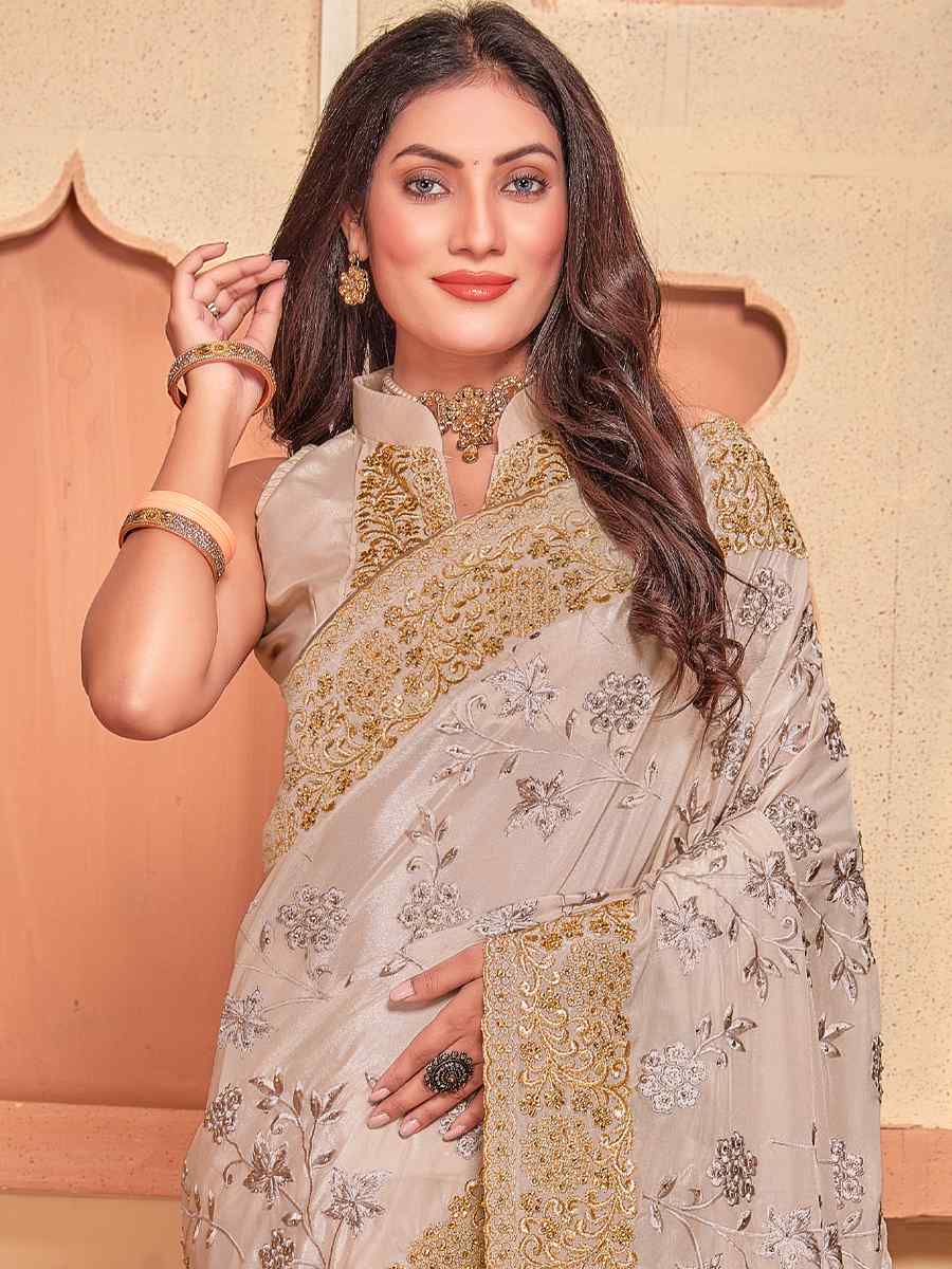 Dusty Chiku Crepe Silk Embroidered Wedding Party Heavy Border Saree