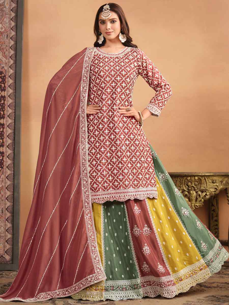 Dusty Chinon Embroidered Reception Wedding Kurti Lehenga Choli