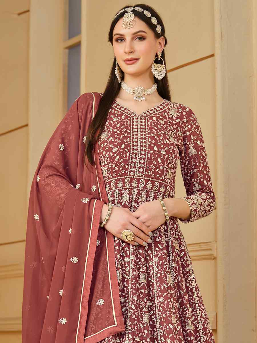 Dusty Faux Georgette Embroidered Festival Wedding Anarkali Salwar Kameez