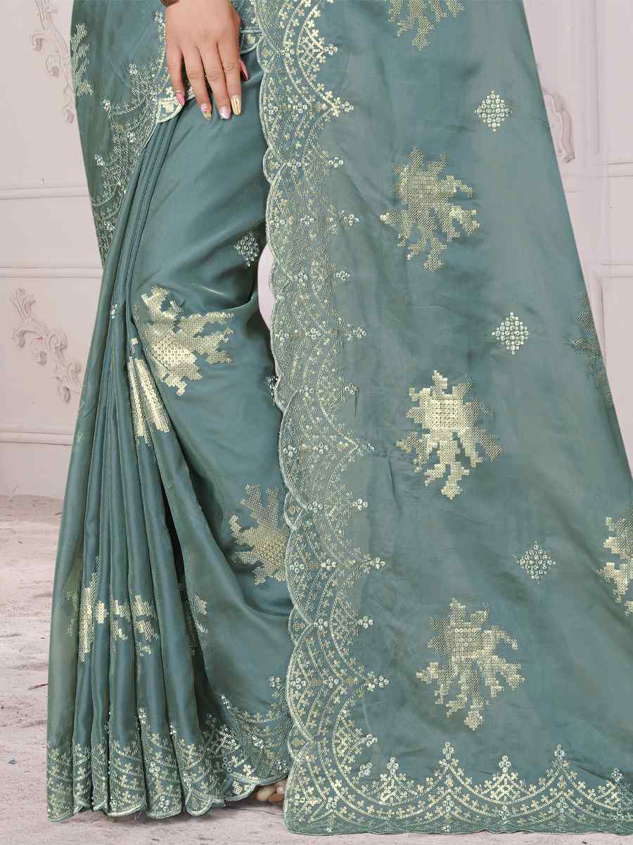 Dusty Firozi Organza Soft Silk Embroidered Festival Party Heavy Border Saree