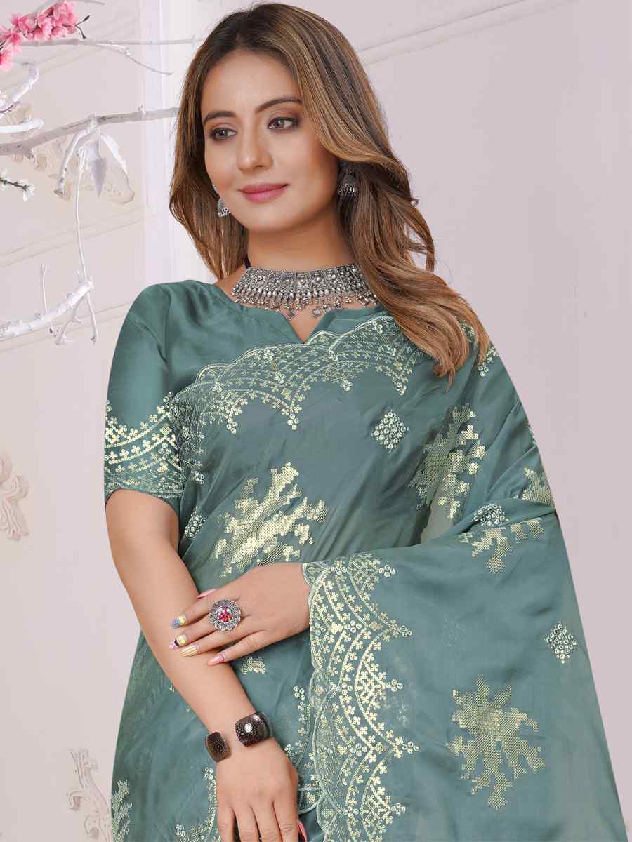 Dusty Firozi Organza Soft Silk Embroidered Festival Party Heavy Border Saree