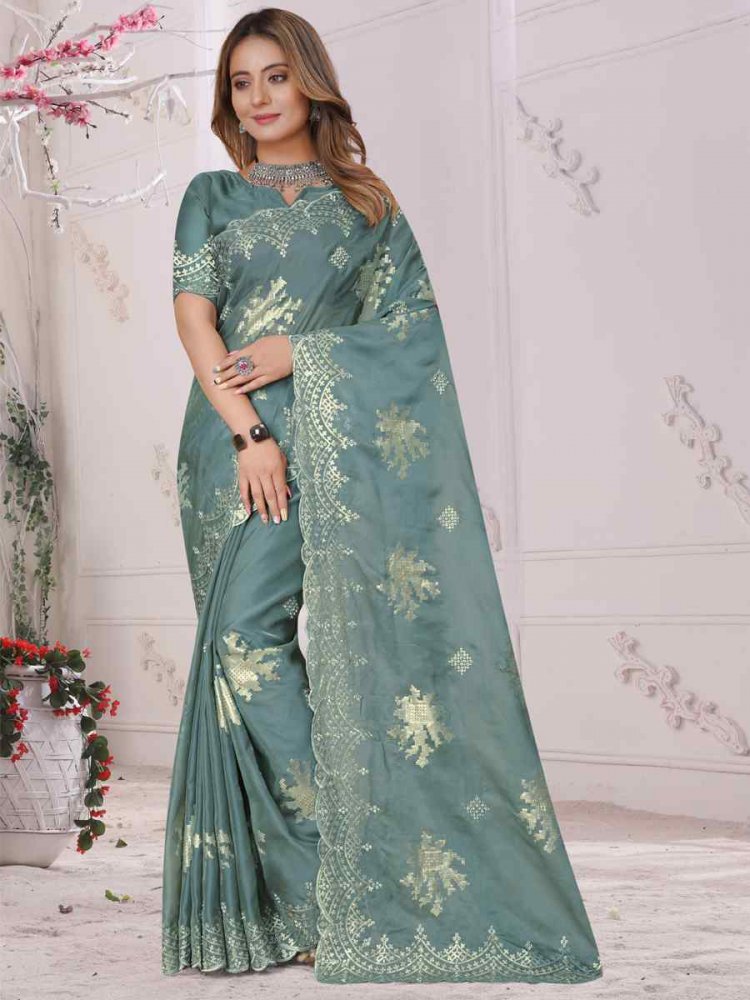 Dusty Firozi Organza Soft Silk Embroidered Festival Party Heavy Border Saree