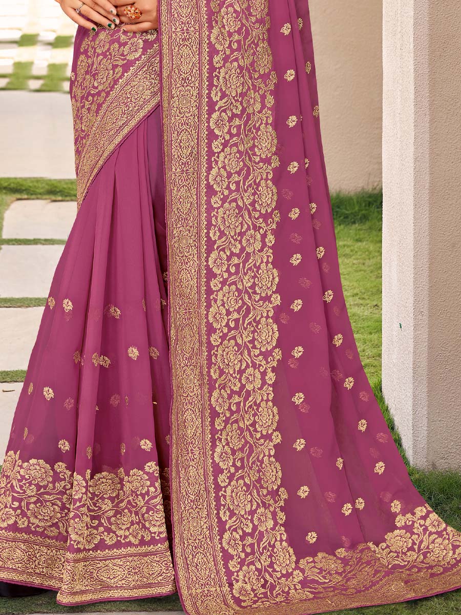 Dusty Gajari Georgette Embroidered Festival Party Heavy Border Saree