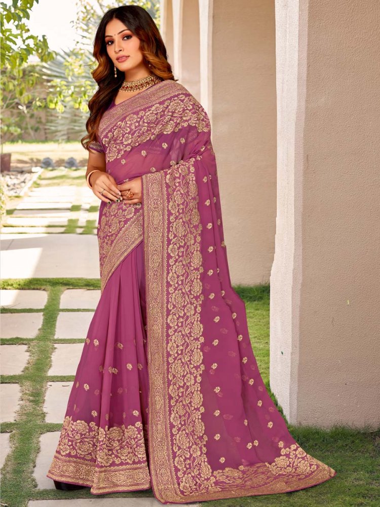 Dusty Gajari Georgette Embroidered Festival Party Heavy Border Saree